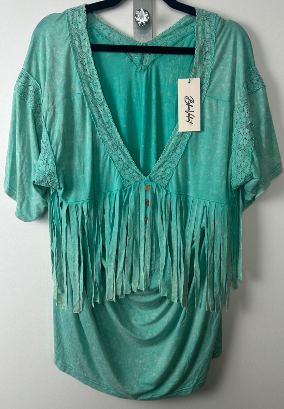 NEW Blue Velvet Boho Mint M Boho Fringe Festival Western Blouse Shirt Pockets A3